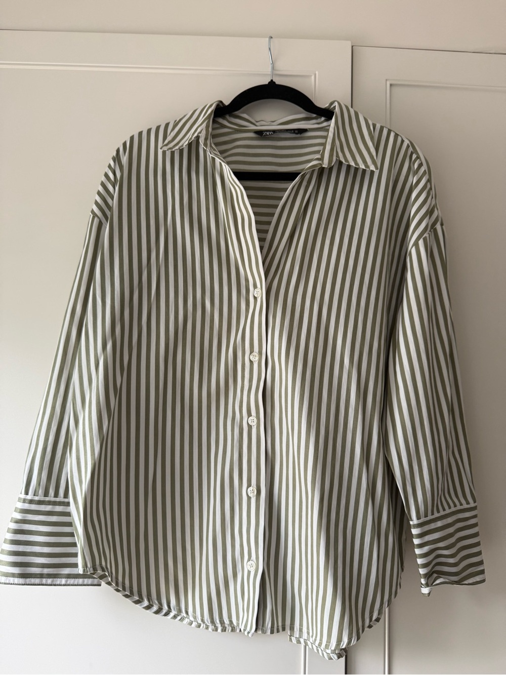 Zara Olive and White Striped Button-Down Shirt
